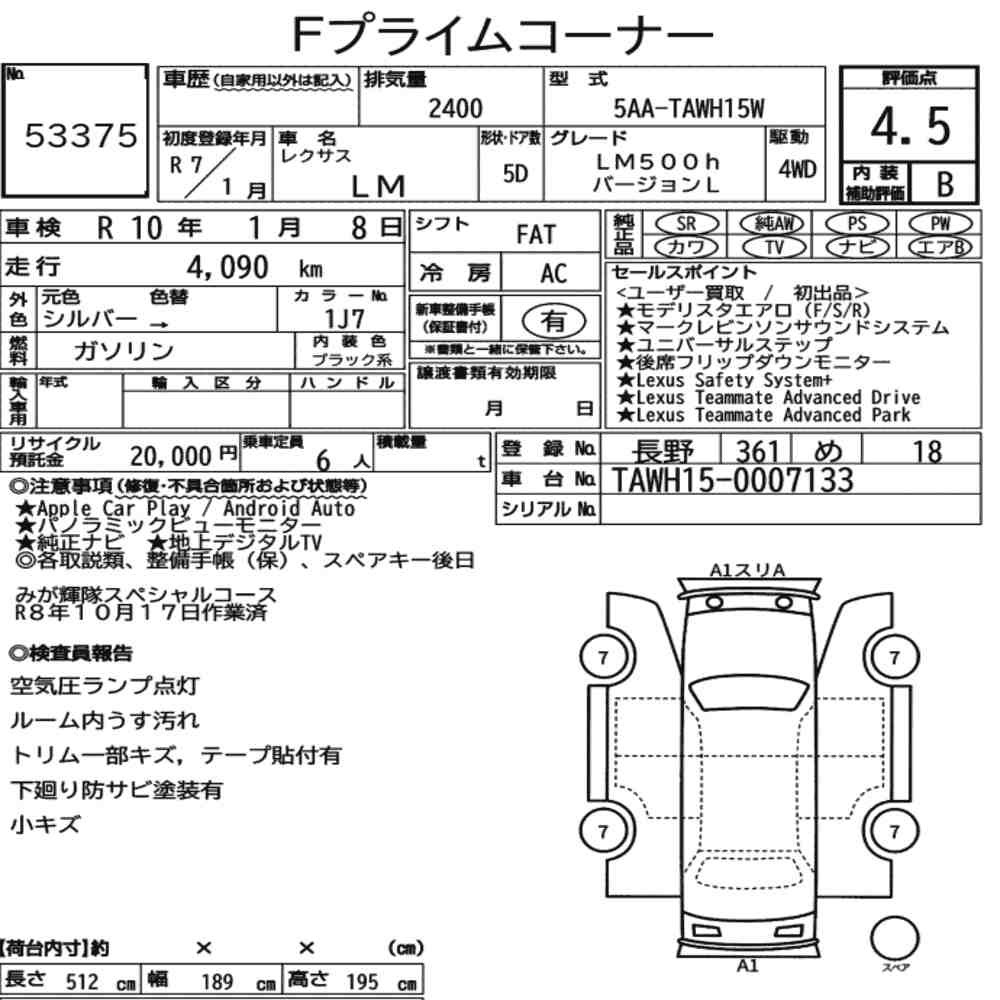 Arkusz aukcyjny — 2025 Lexus LM 4WD LM500H Version L