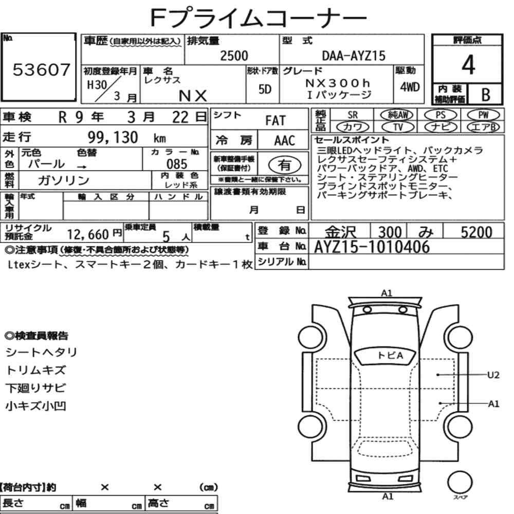 Arkusz aukcyjny — 2018 Lexus NX 4WD NX300H I Package