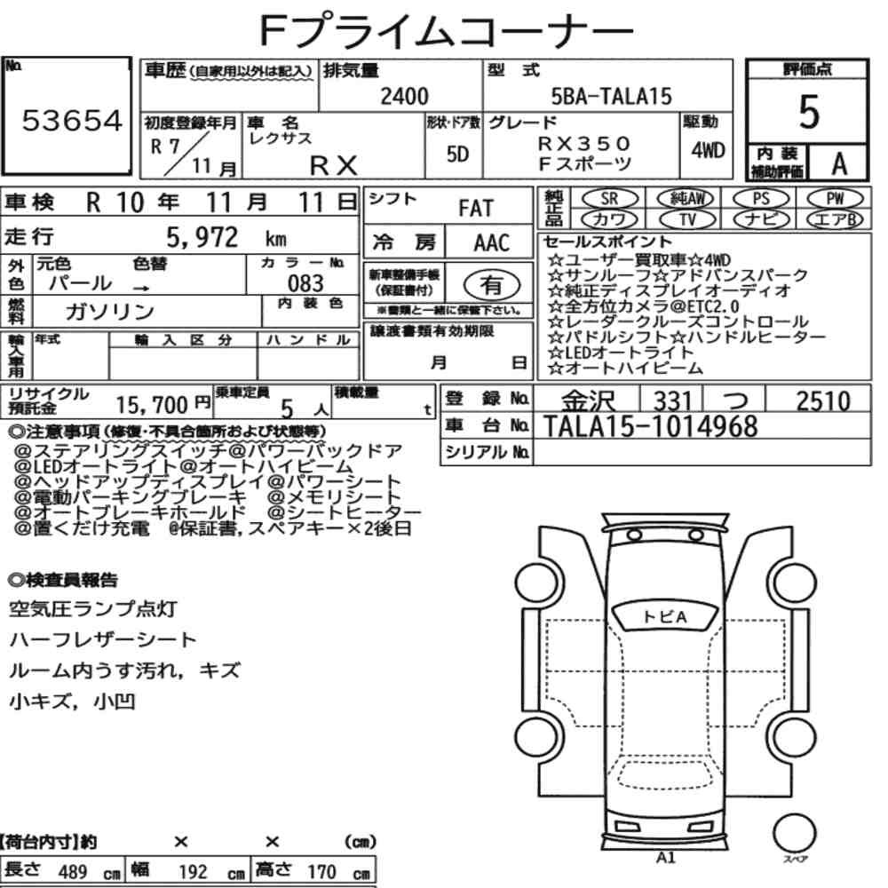 Arkusz aukcyjny — 2025 Lexus RX 4WD F Sport