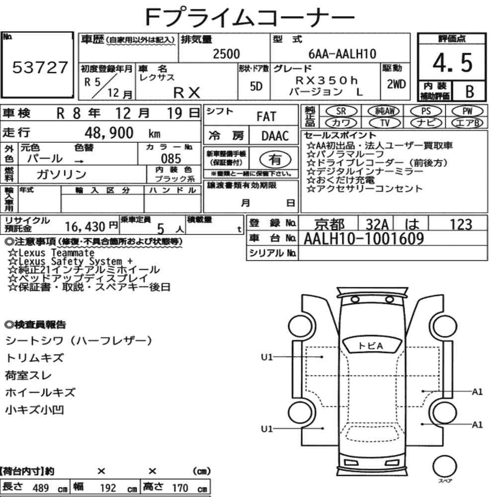 Arkusz aukcyjny — 2023 Lexus RX RX350H Version L