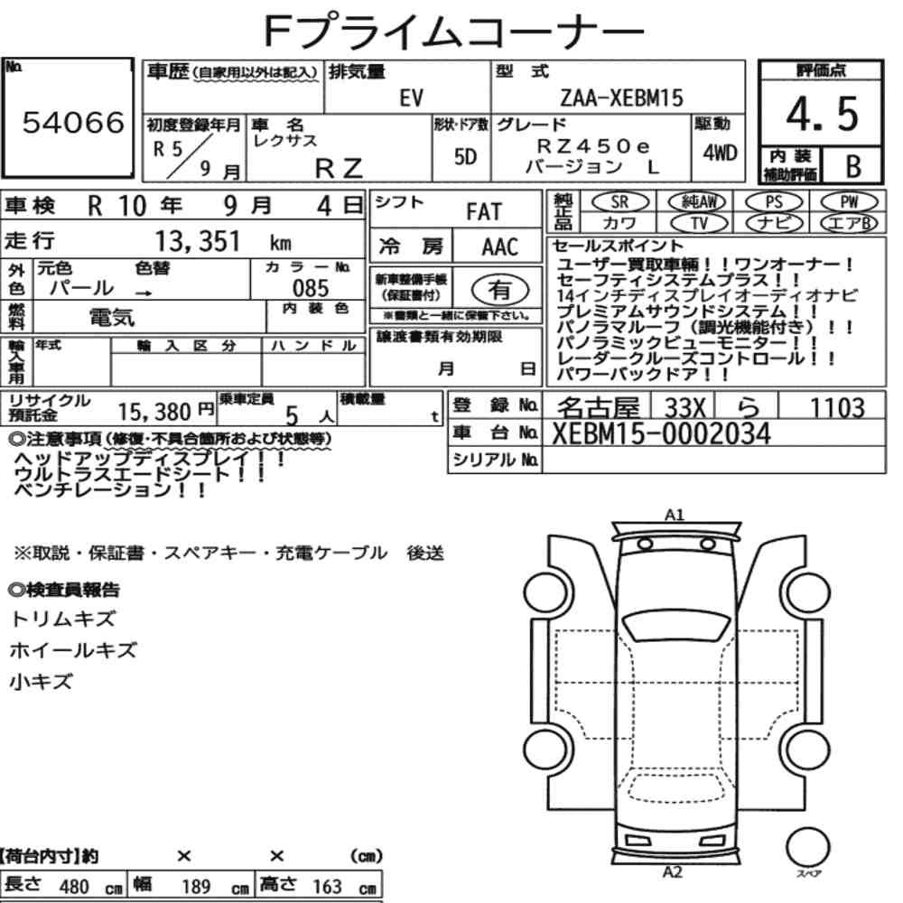 Arkusz aukcyjny — 2023 Lexus RZ 4WD RZ450E Version L
