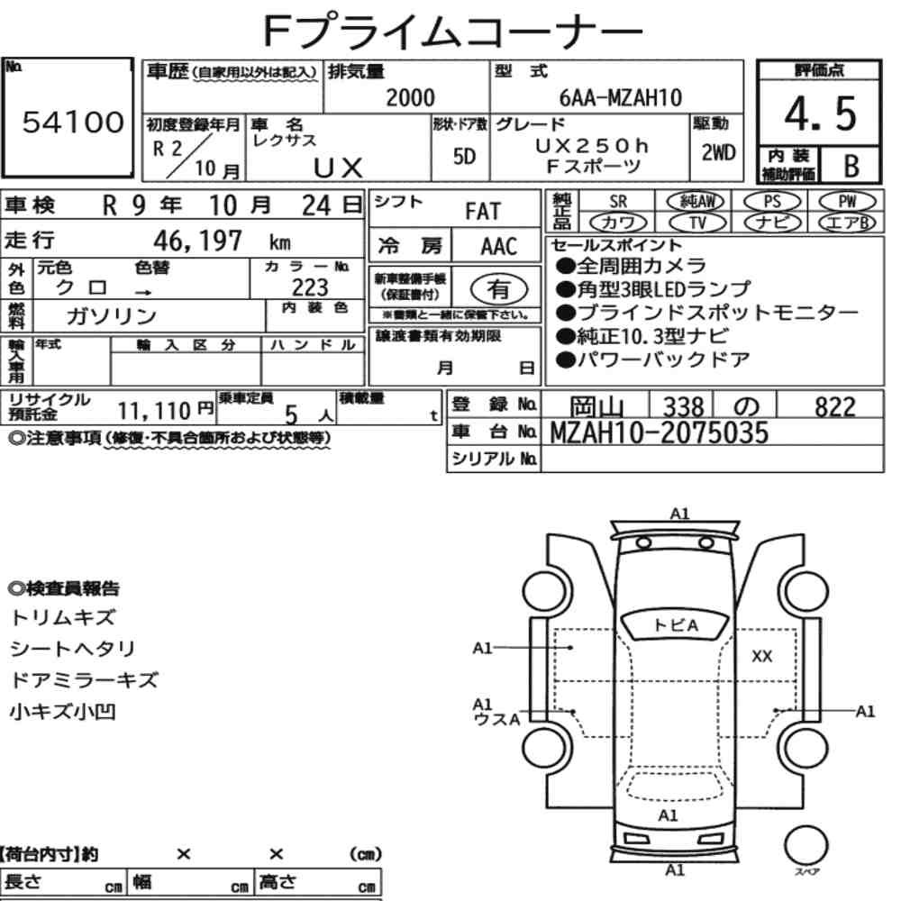 Arkusz aukcyjny — 2020 Lexus Ux UX250H F Sport