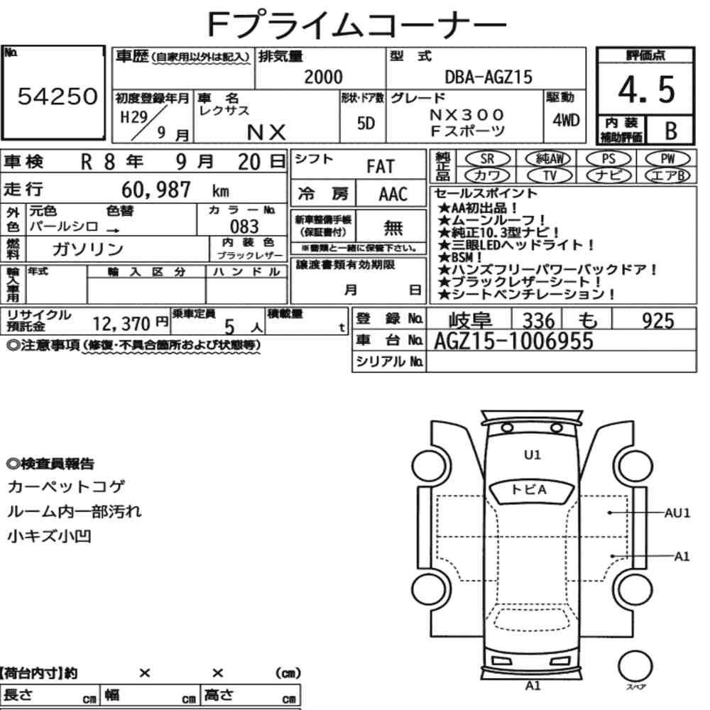 Arkusz aukcyjny — 2017 Lexus NX 4WD NX300 F Sport
