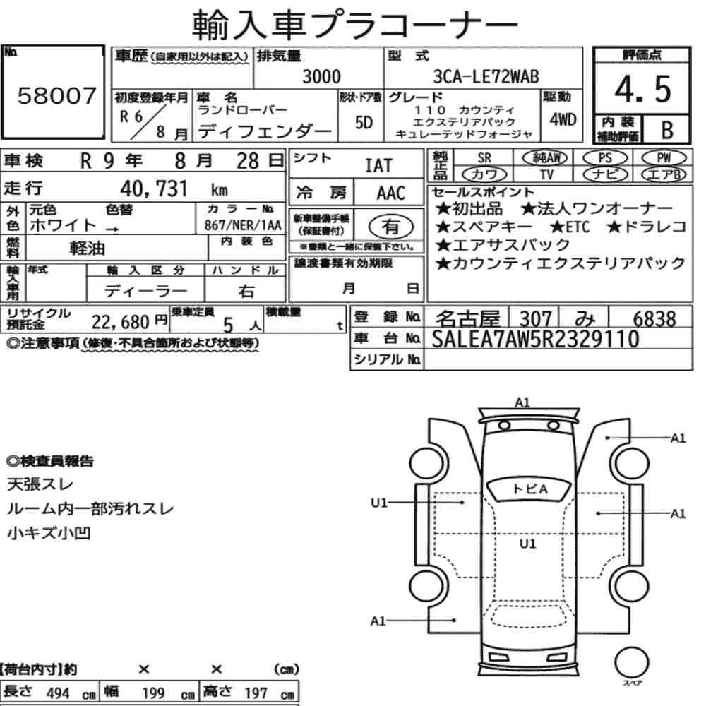Arkusz aukcyjny — 2024 Land Rover Defender 5D 4WD 110 County Exterior Pack Curated For Jap