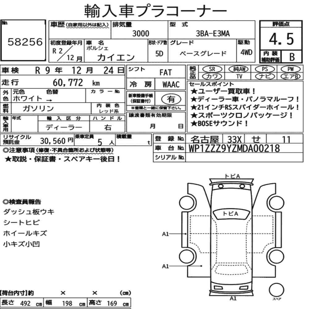 Arkusz aukcyjny — 2020 Porsche Cayenne 4WD Base Grade