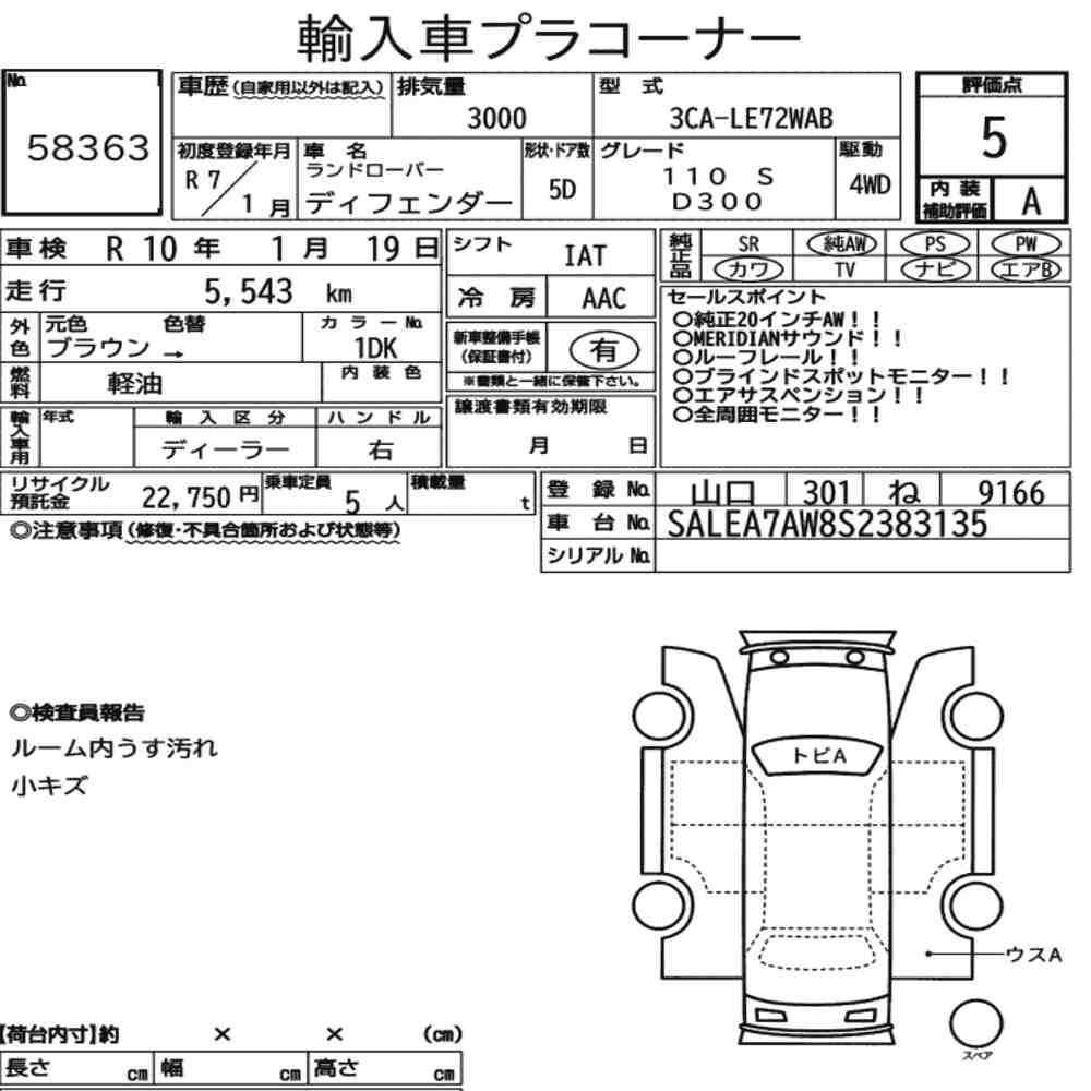 Arkusz aukcyjny — 2025 Land Rover Defender 5D 4WD 110 S D300