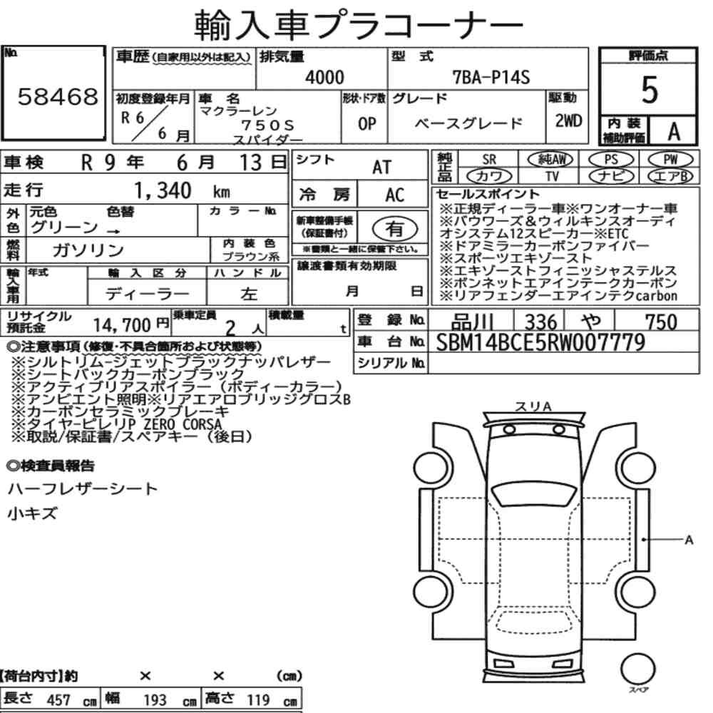 Arkusz aukcyjny — 2024 McLaren 750S Spider Base Grade