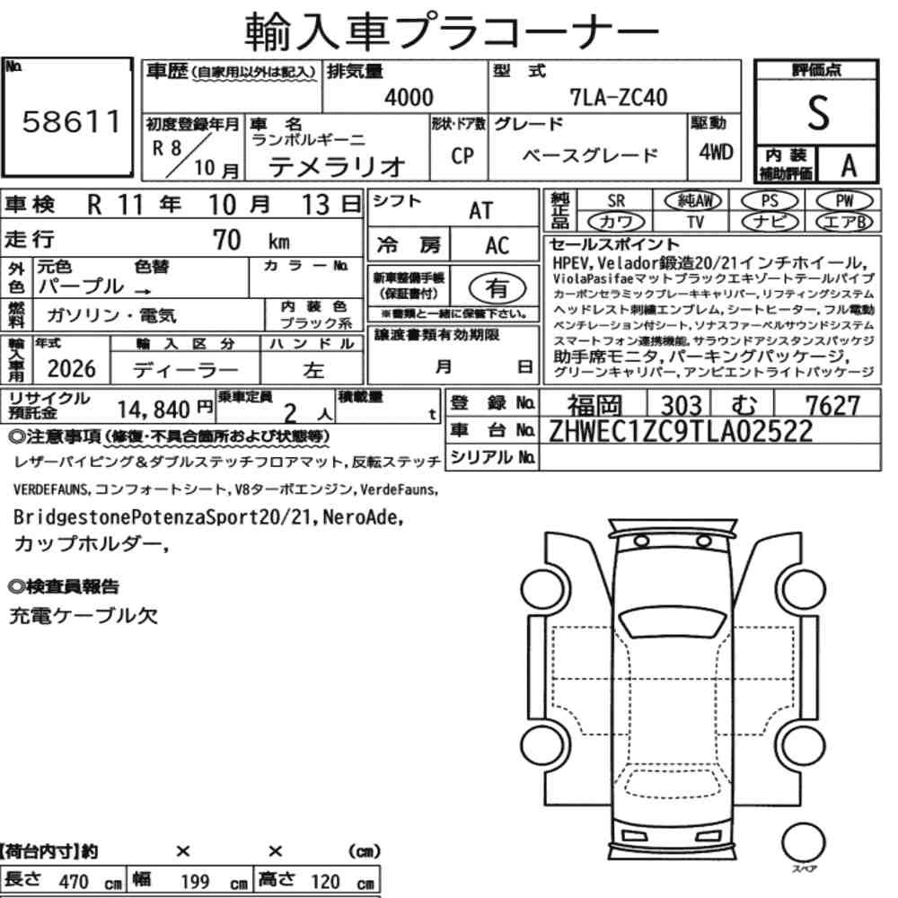 Arkusz aukcyjny — 2026 Lamborghini Temerario 4WD Base Grade