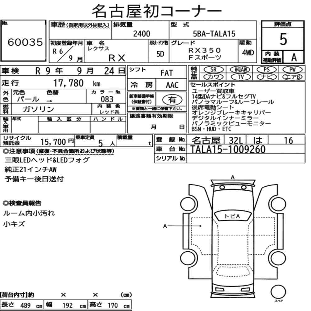 Arkusz aukcyjny — 2024 Lexus RX 4WD F Sport