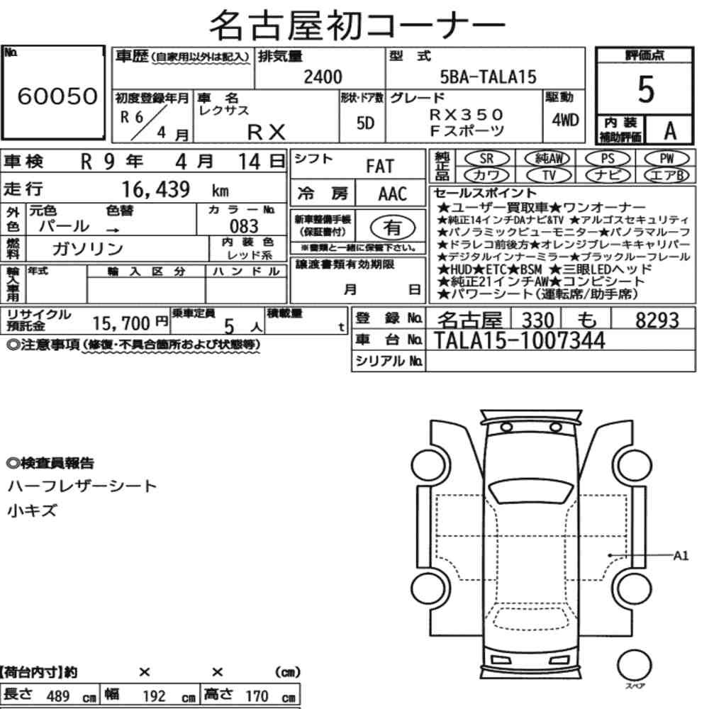 Arkusz aukcyjny — 2024 Lexus RX 4WD F Sport