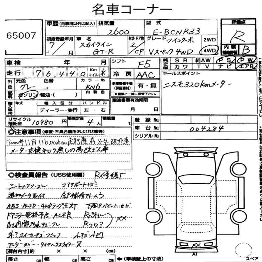Arkusz aukcyjny — 1995 Nissan Skyline CP 4WD GT-R V･spec