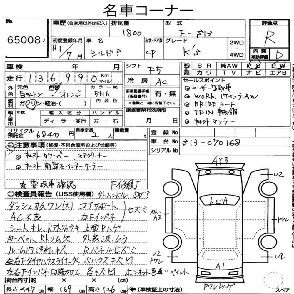 Arkusz aukcyjny — 1989 Nissan Silvia CP KS