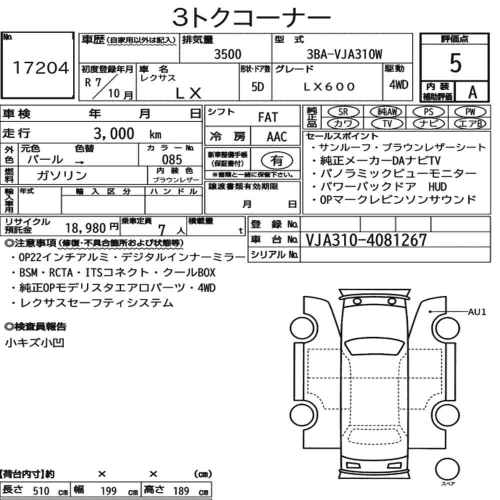 Arkusz aukcyjny — 2025 Lexus LX 4WD LX600
