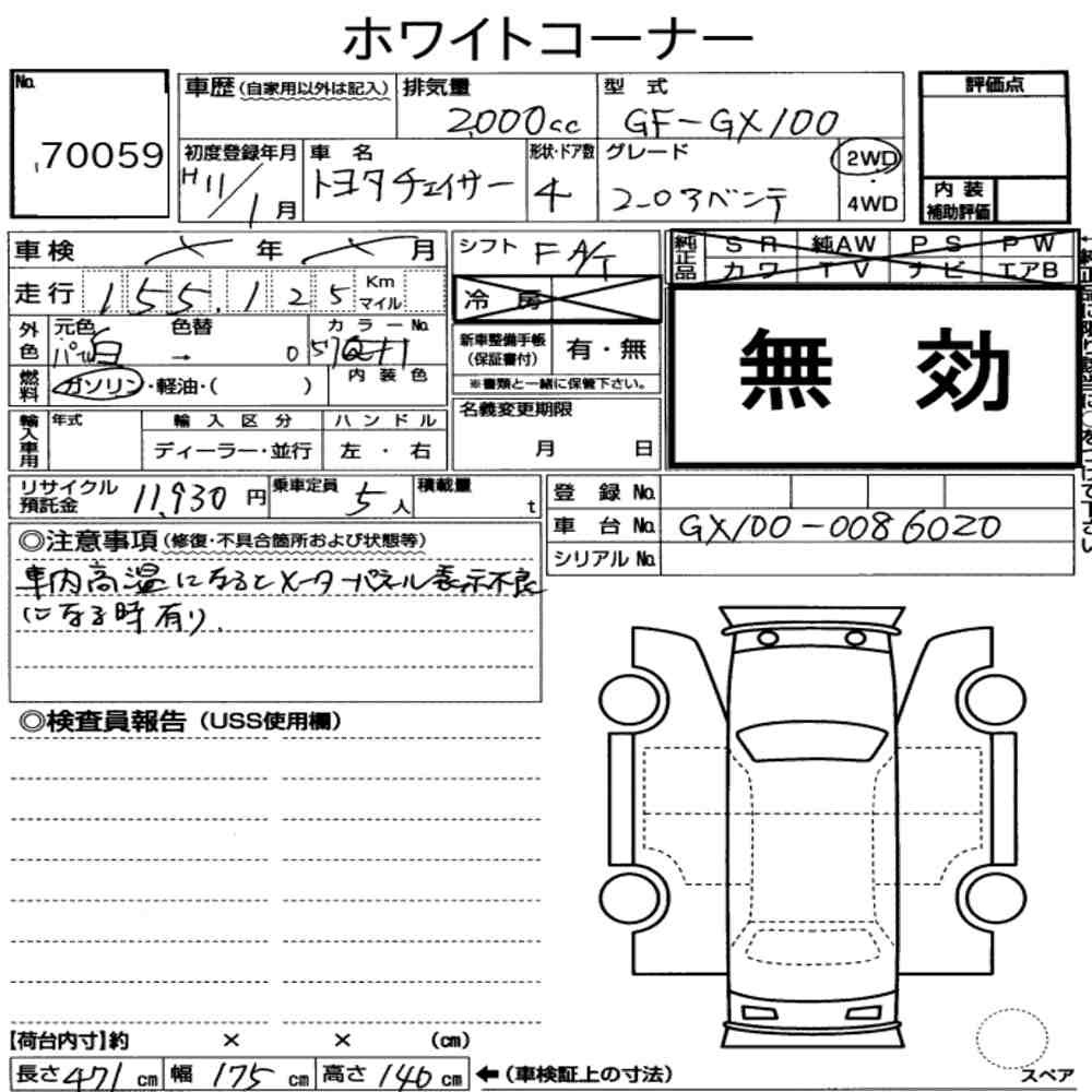 Arkusz aukcyjny — 1999 Toyota Chaser Avante