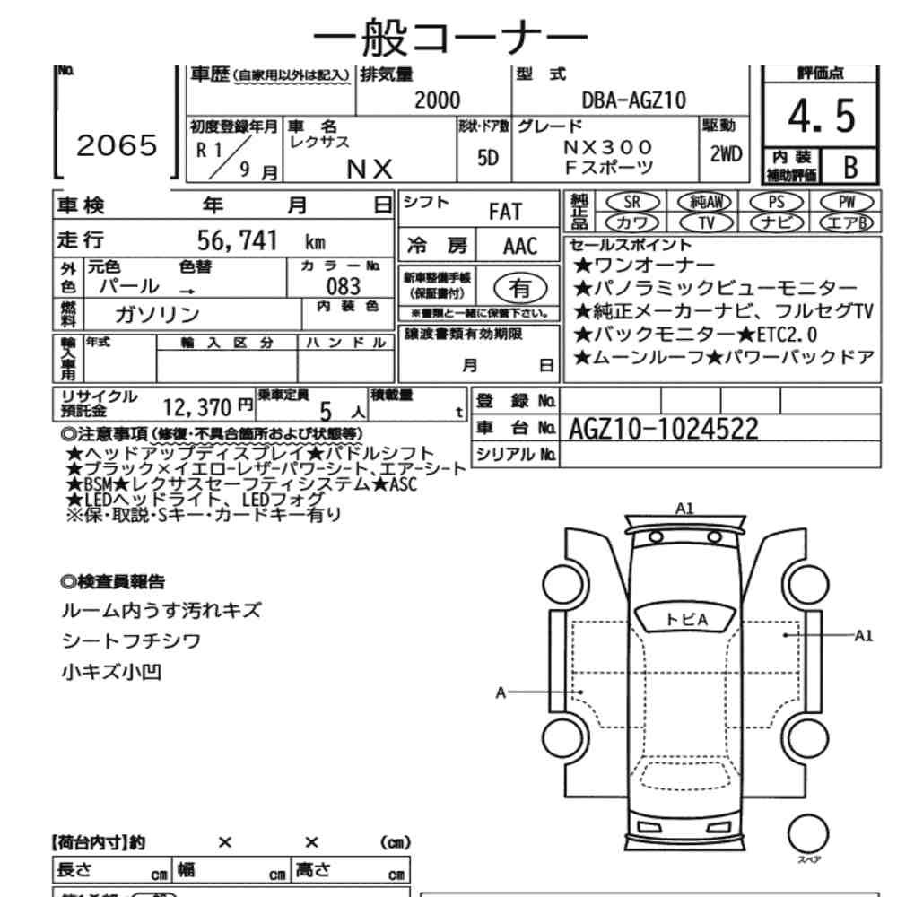 Arkusz aukcyjny — 2019 Lexus NX NX300 F Sport