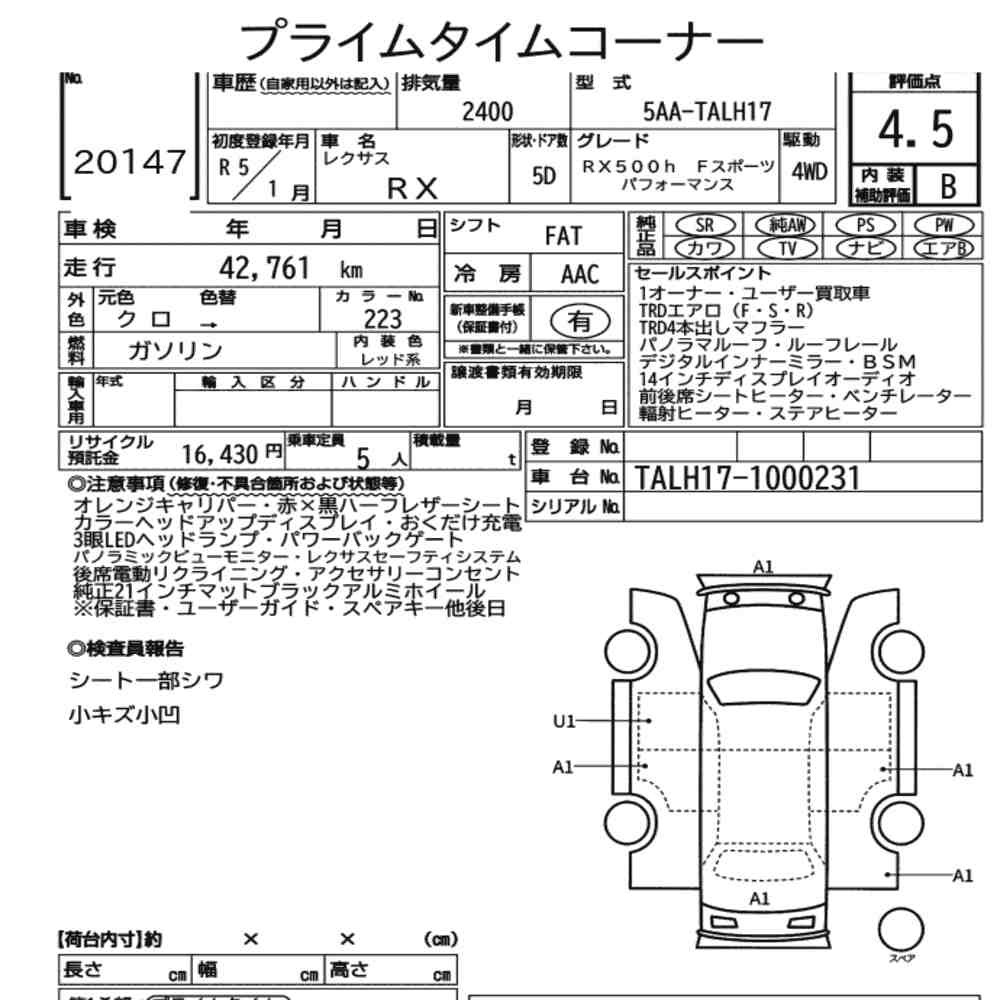 Arkusz aukcyjny — 2023 Lexus RX 4WD RX500H F Sport Performance
