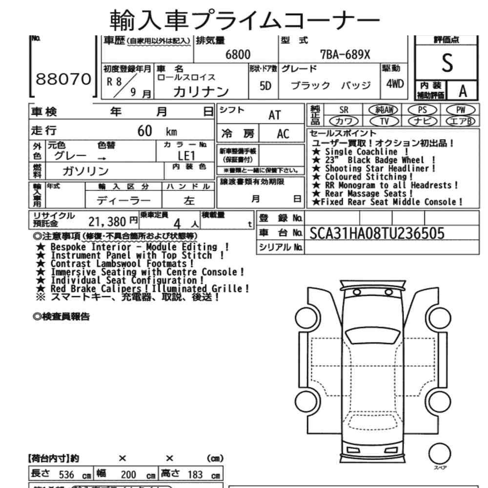 Arkusz aukcyjny — 2026 Rolls-Royce Cullinan 4WD Black Badge