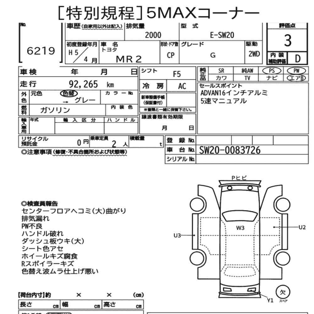 Arkusz aukcyjny — 1993 Toyota MR2 CP G