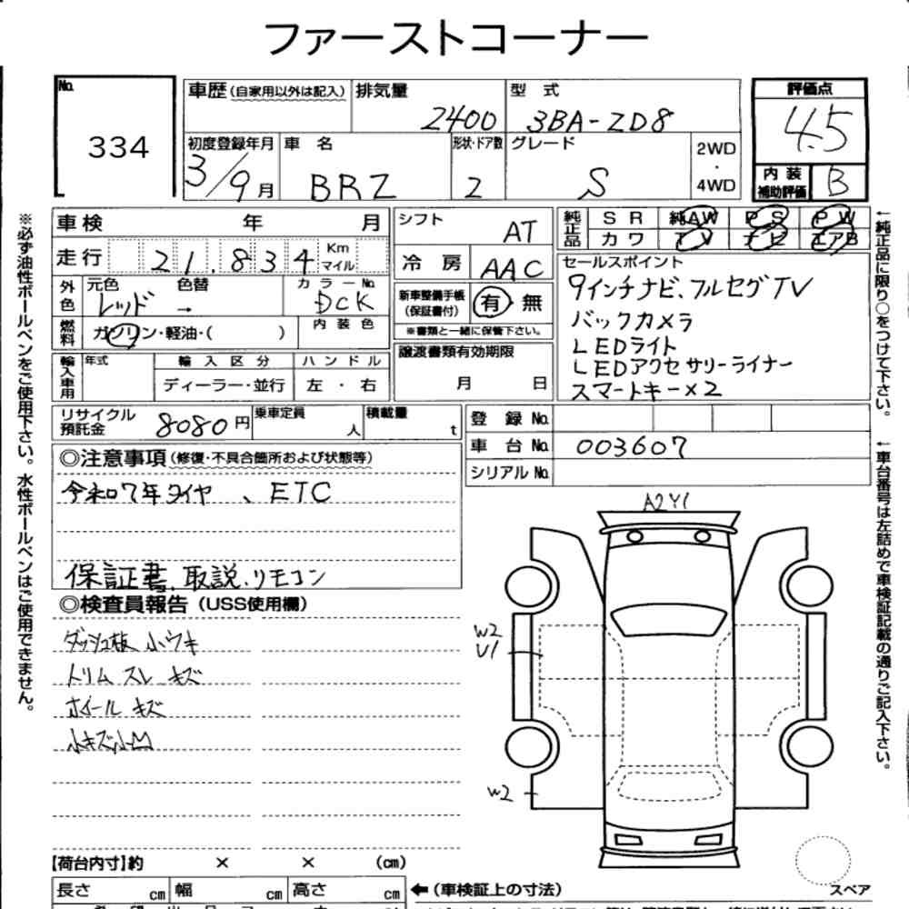 Arkusz aukcyjny — 2021 Subaru BRZ S