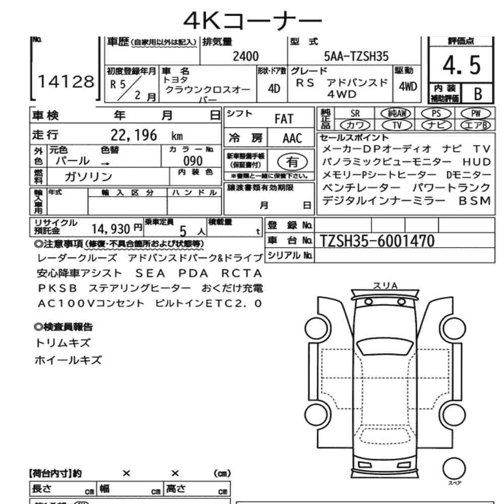 Arkusz aukcyjny — 2023 Toyota Crown Crossover 4WD RS Advanced