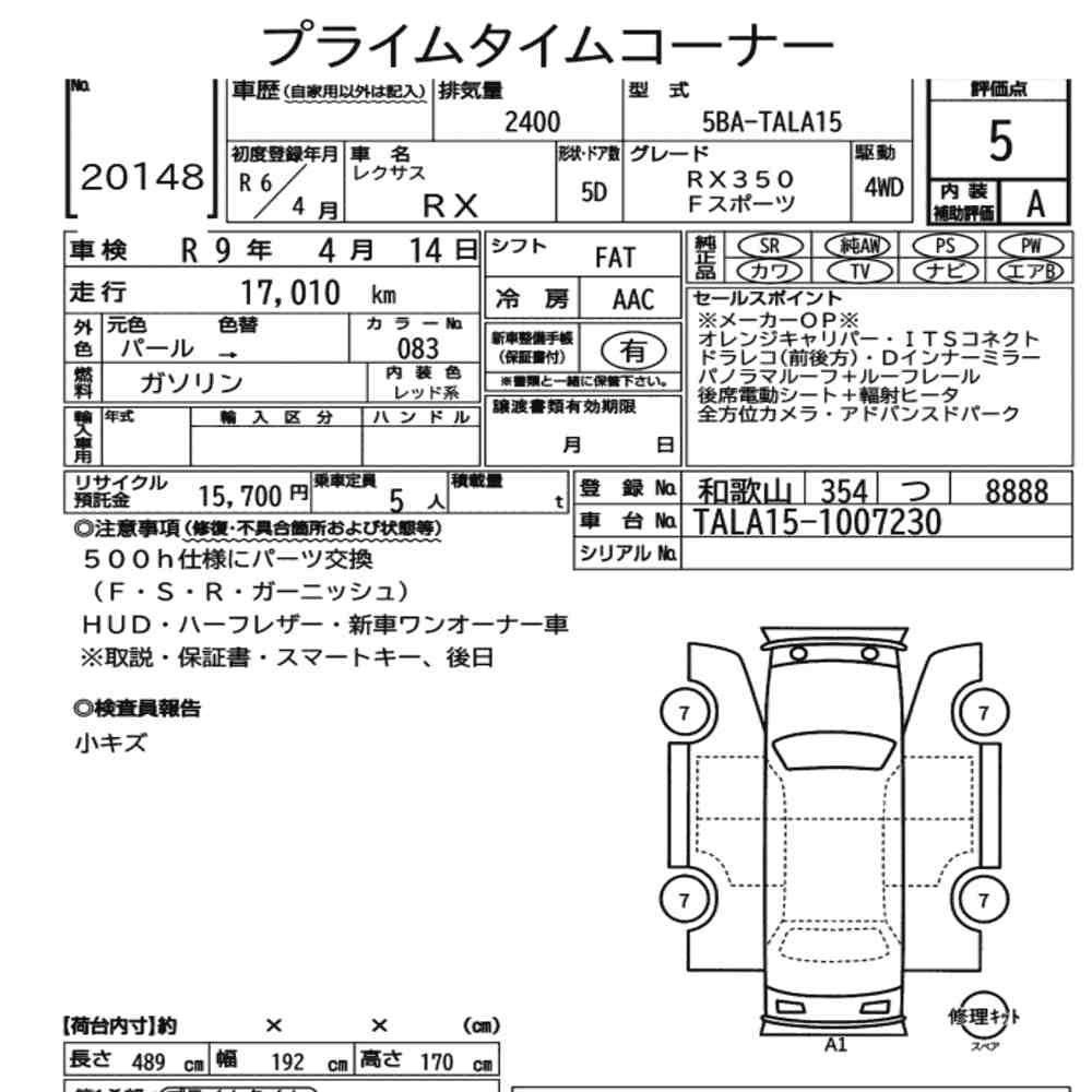 Arkusz aukcyjny — 2024 Lexus RX 4WD F Sport