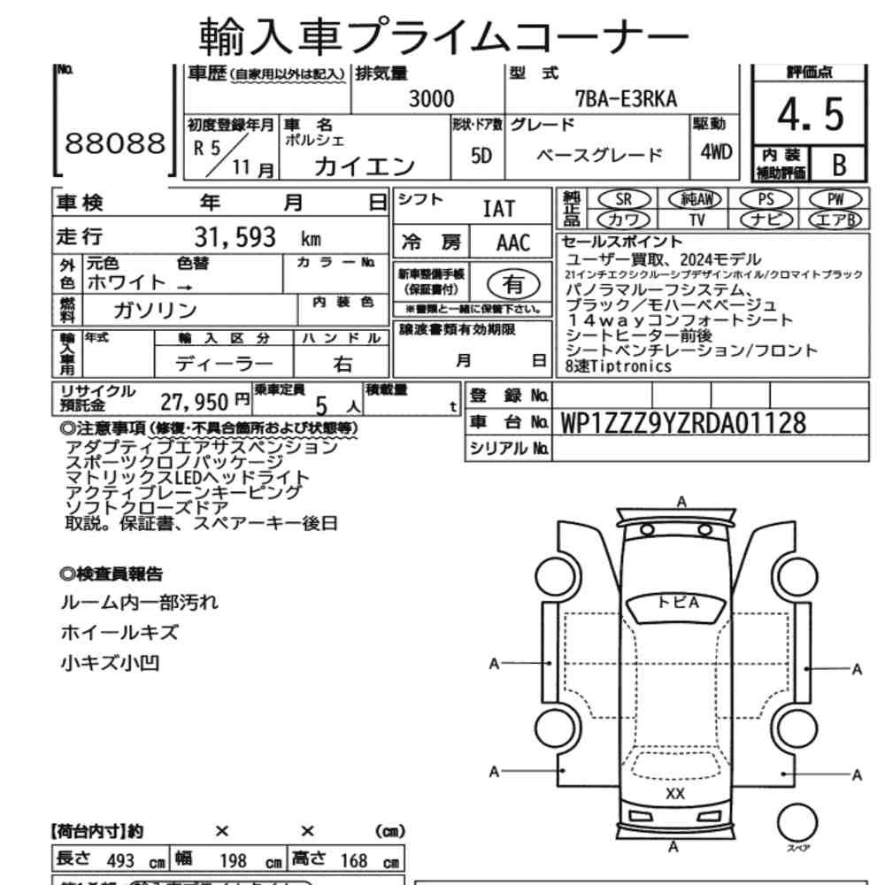 Arkusz aukcyjny — 2023 Porsche Cayenne 4WD Base Grade