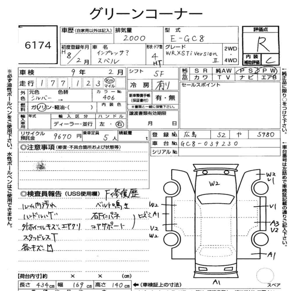 Arkusz aukcyjny — 1996 Subaru Impreza 4HT 4WD WRX Sti Version Ⅱ