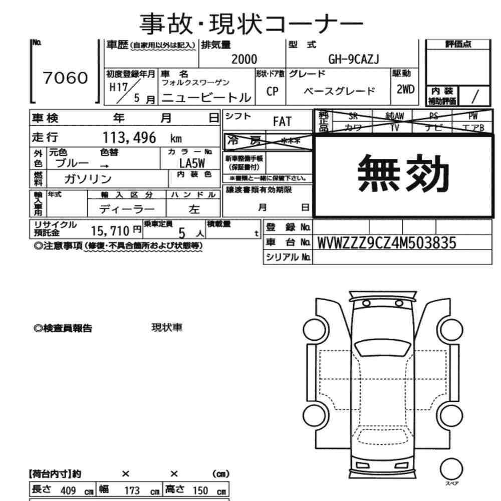 Arkusz aukcyjny — 2005 Volkswagen New Beetle Base Grade