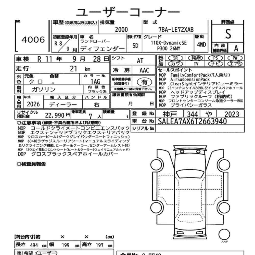 Arkusz aukcyjny — 2026 Land Rover Defender 5D 4WD
