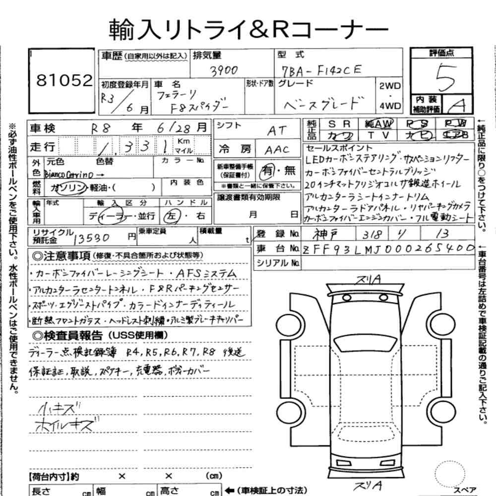 Arkusz aukcyjny — 2021 Ferrari F8 Spider Base Grade