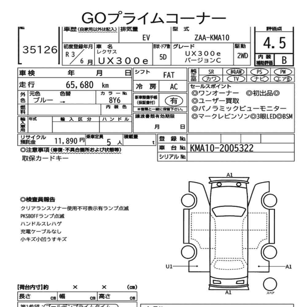 Arkusz aukcyjny — 2021 Lexus UX300E UX300E Version C