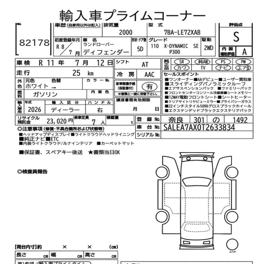Arkusz aukcyjny — 2026 Land Rover Defender 5D 4WD