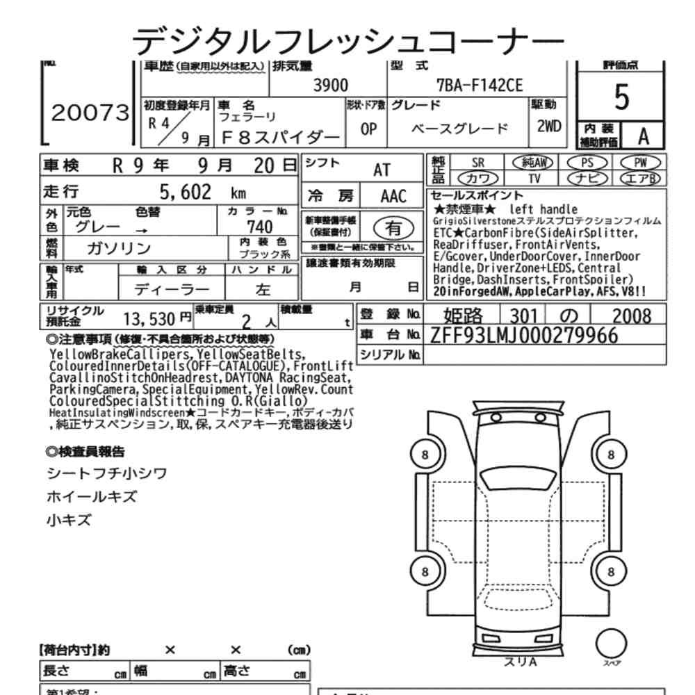 Arkusz aukcyjny — 2022 Ferrari F8 Spider Base Grade