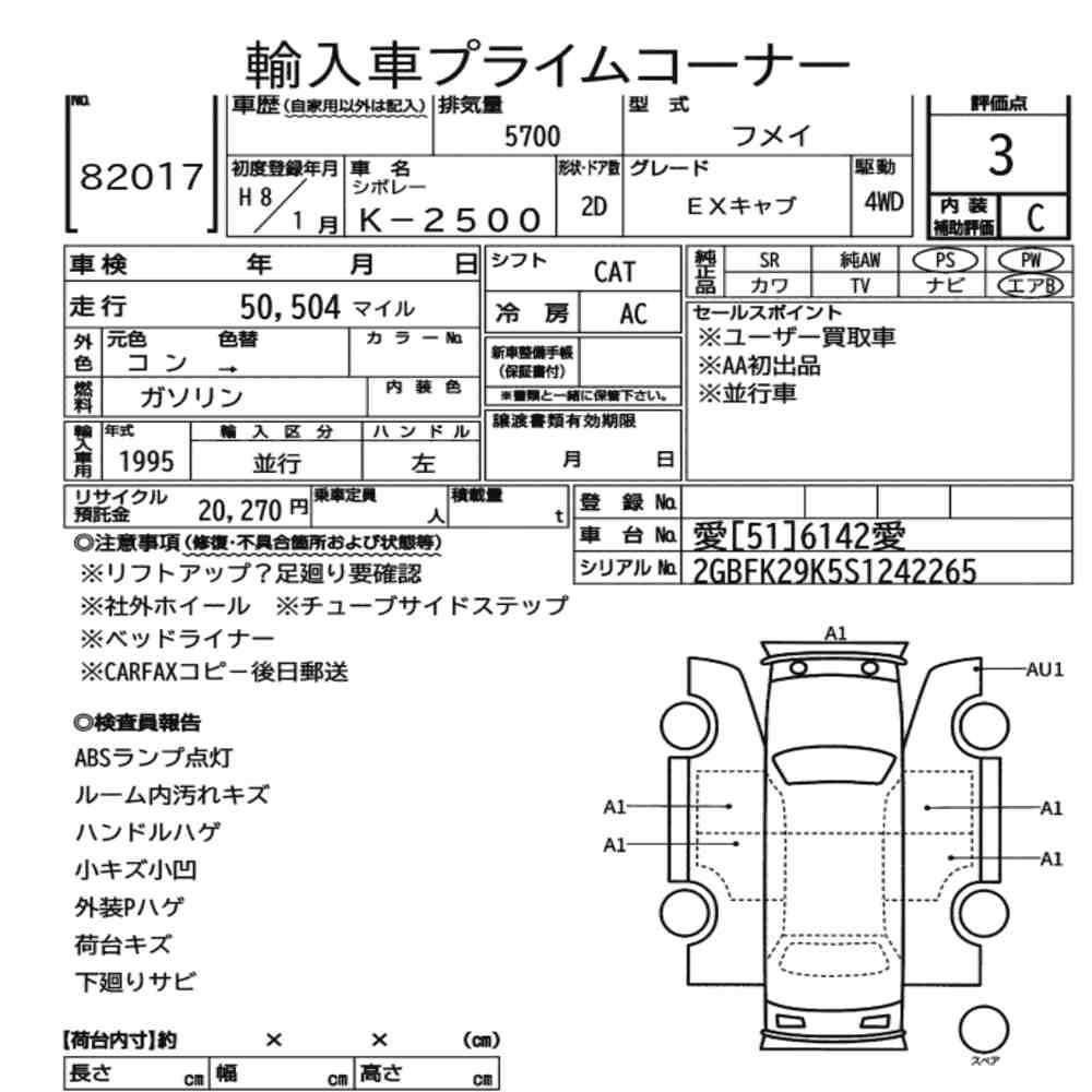 Arkusz aukcyjny — 1996 Chevrolet K-2500 4WD Ex Cab