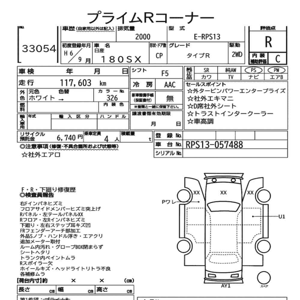 Arkusz aukcyjny — 1994 Nissan 180SX Type R