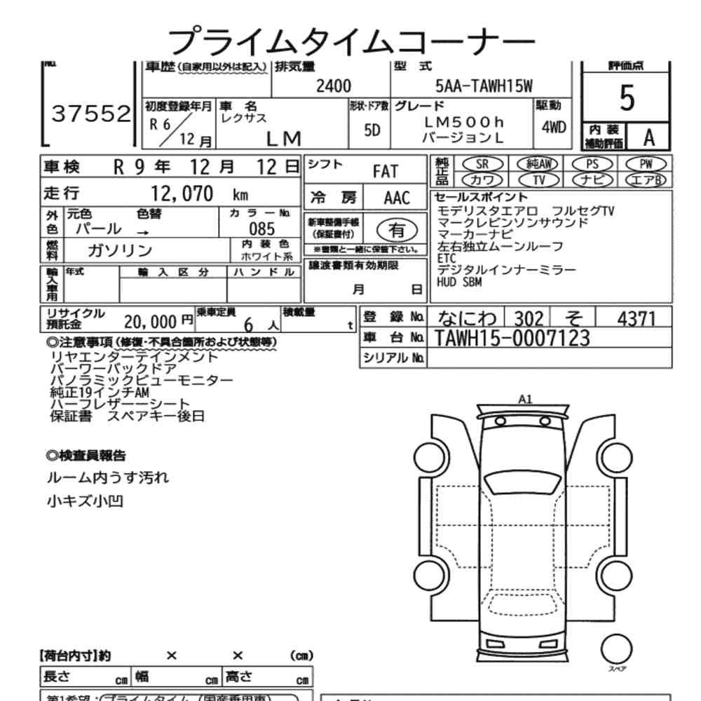 Arkusz aukcyjny — 2024 Lexus LM 4WD LM500H Version L
