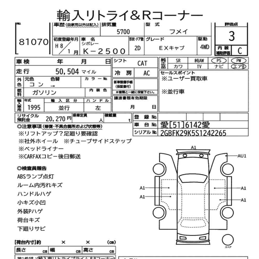 Arkusz aukcyjny — 1996 Chevrolet K-2500 4WD Ex Cab