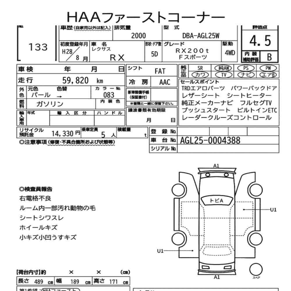 Arkusz aukcyjny — 2016 Lexus RX 4WD RX200T F Sport