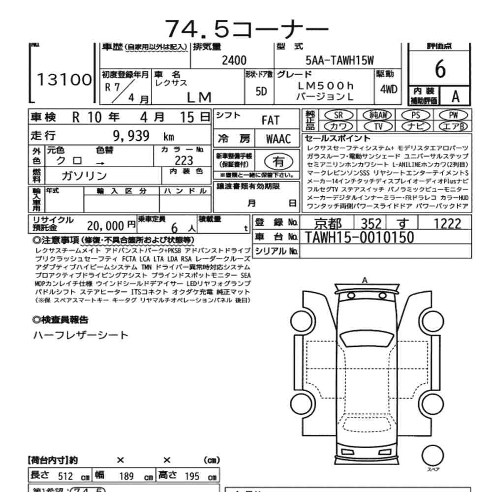 Arkusz aukcyjny — 2025 Lexus LM 4WD LM500H Version L