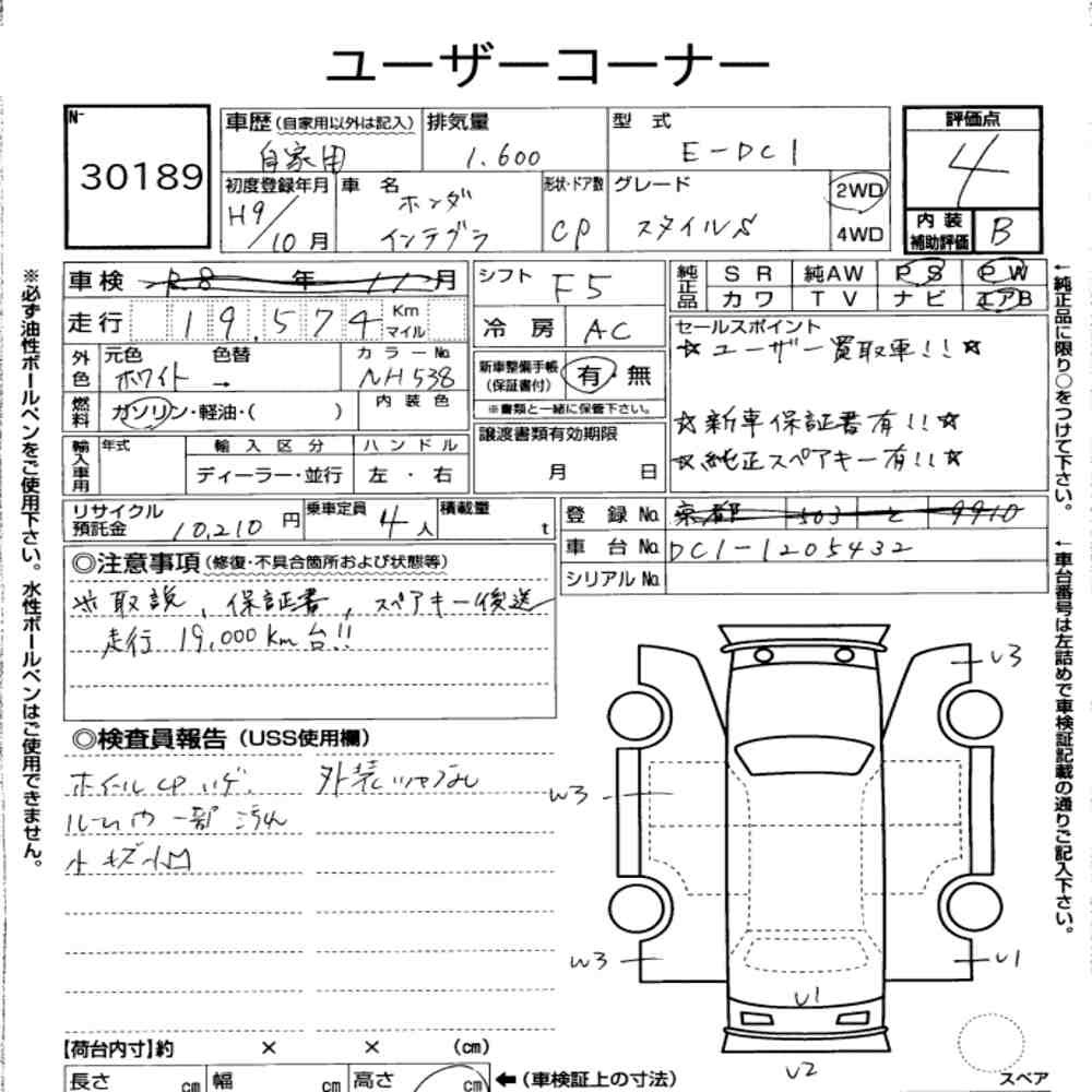 Arkusz aukcyjny — 1997 Honda Integra CP Style S