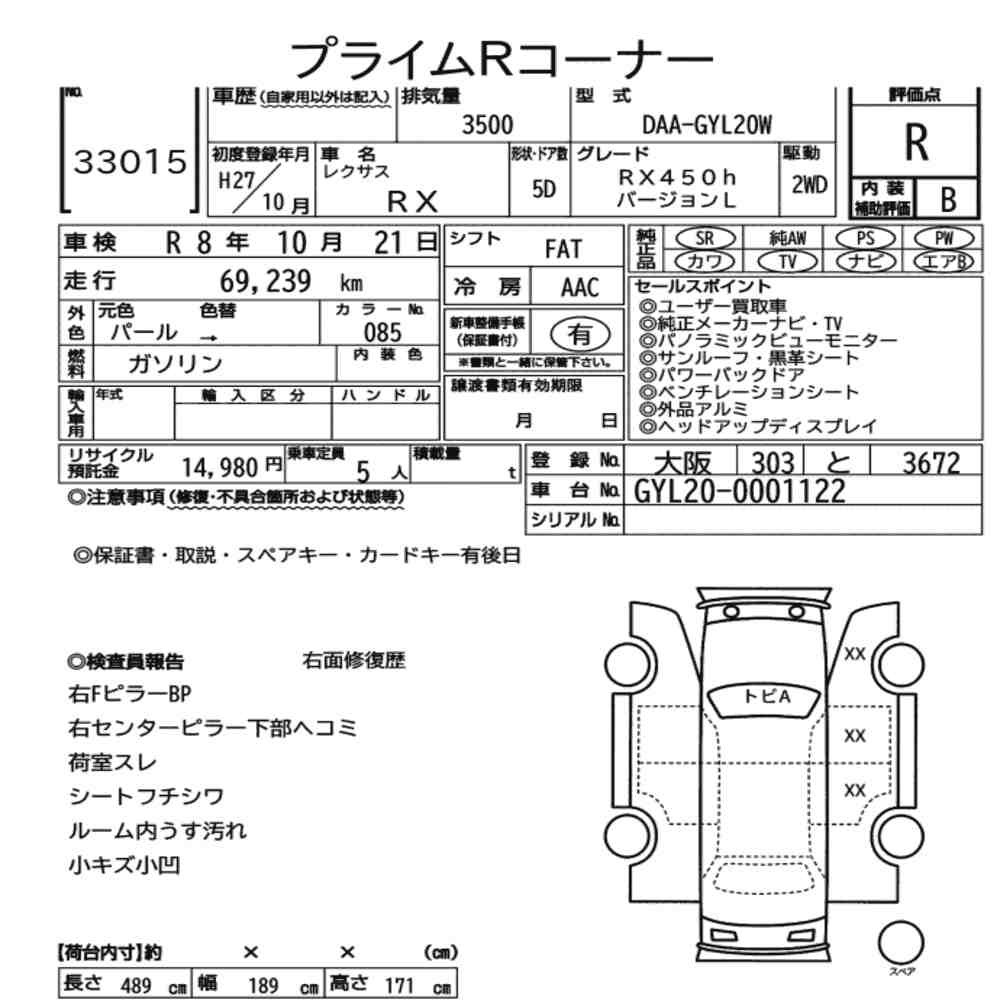 Arkusz aukcyjny — 2015 Lexus RX RX450H Version L