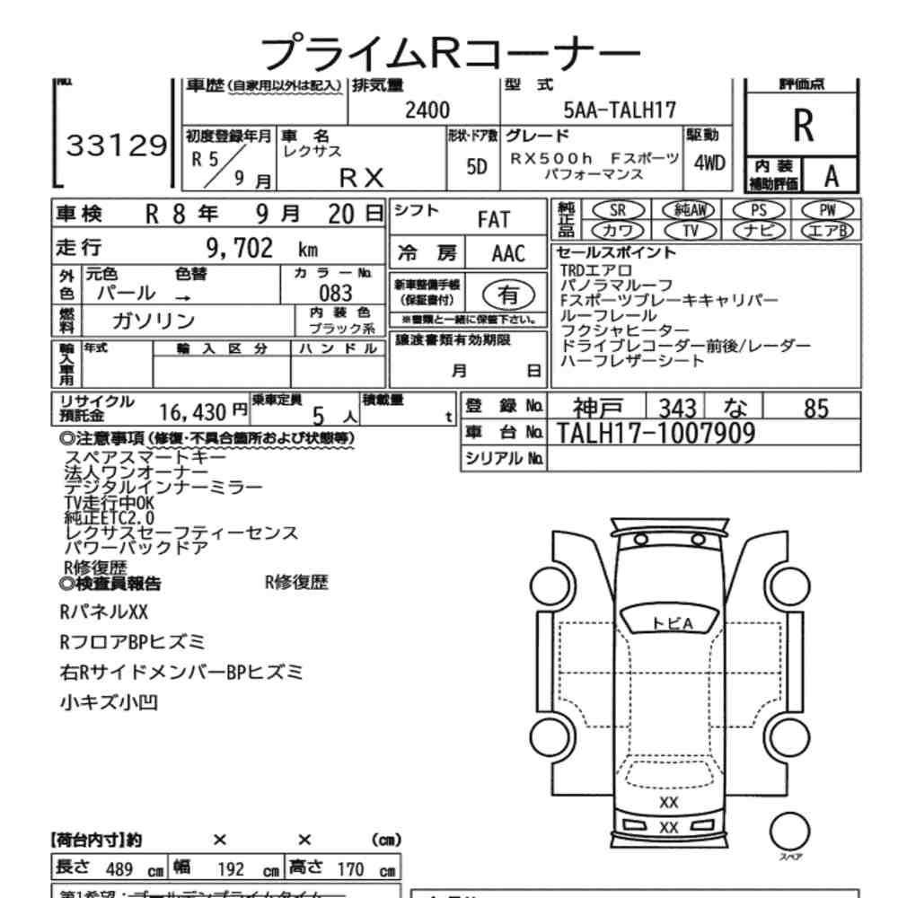 Arkusz aukcyjny — 2023 Lexus RX 4WD RX500H F Sport Performance