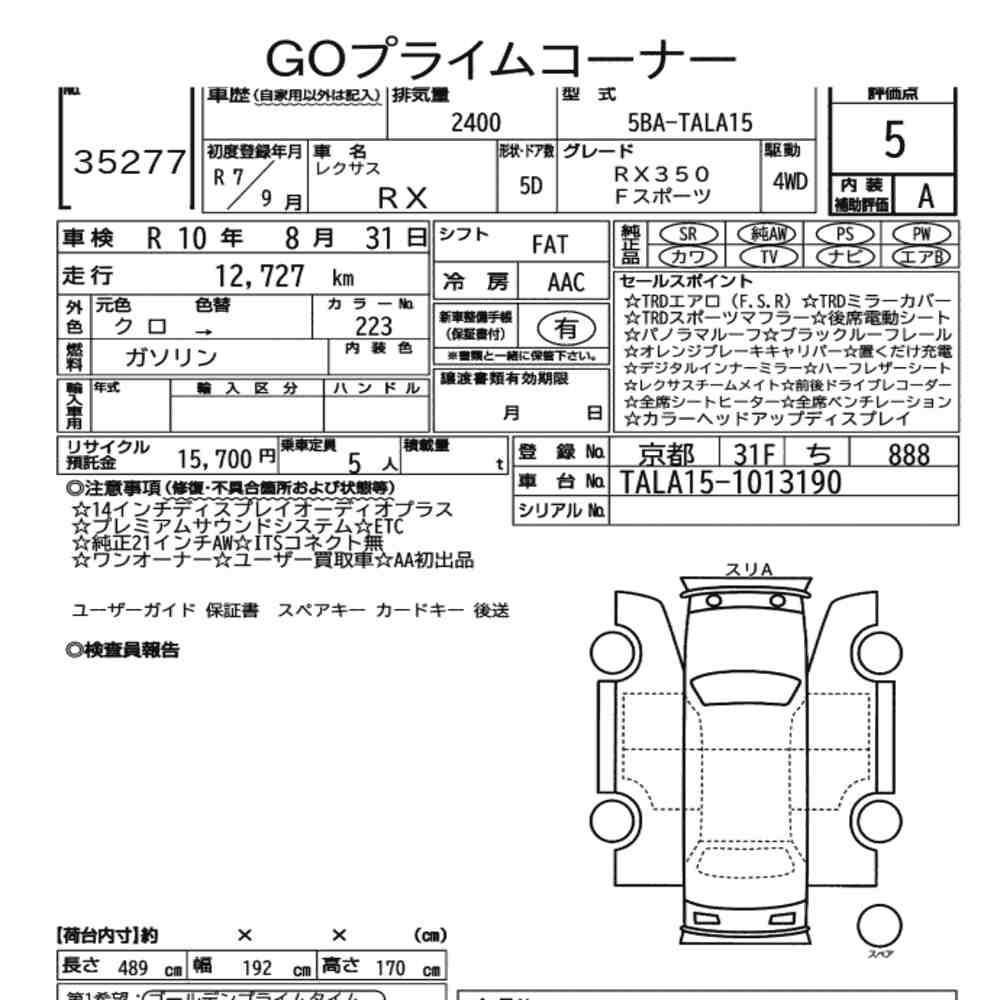 Arkusz aukcyjny — 2025 Lexus RX 4WD F Sport