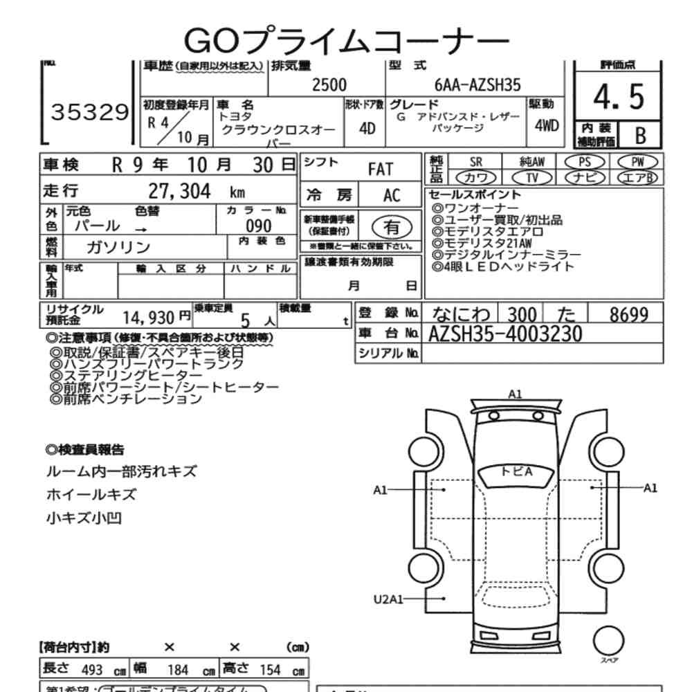 Arkusz aukcyjny — 2022 Toyota Crown Crossover 4WD G Advanced･leather Package
