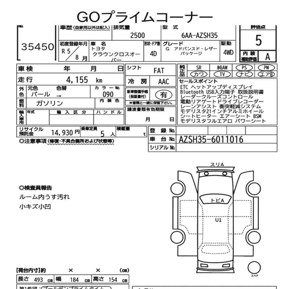 Arkusz aukcyjny — 2023 Toyota Crown Crossover 4WD G Advanced・leather Package