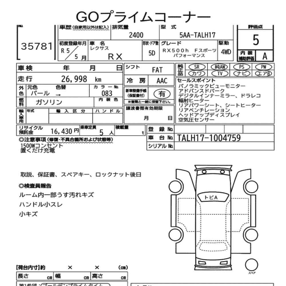 Arkusz aukcyjny — 2023 Lexus RX 4WD RX500H F Sport Performance
