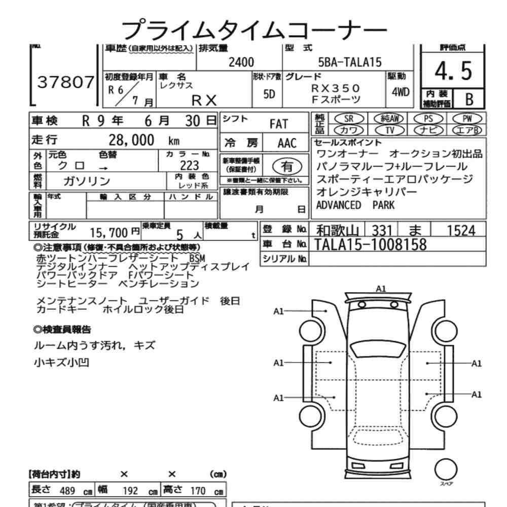 Arkusz aukcyjny — 2024 Lexus RX 4WD F Sport