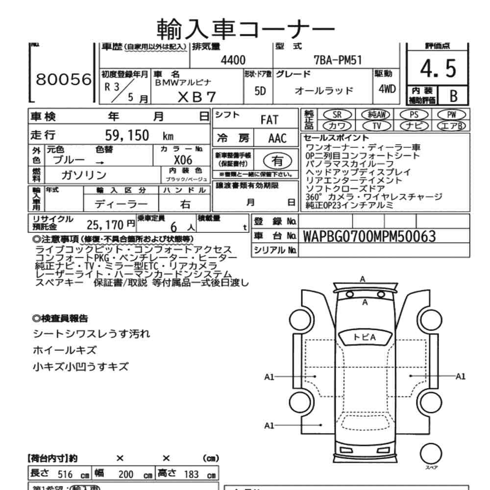 Arkusz aukcyjny — 2021 BMW Alpina XB7 4WD Allrad