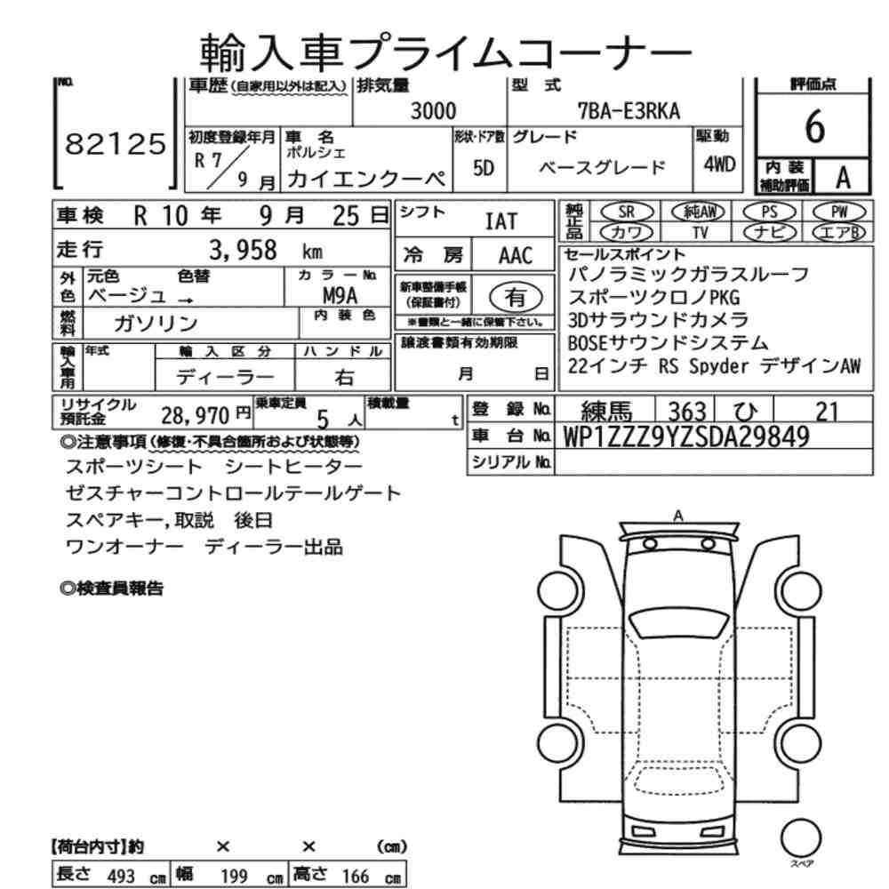 Arkusz aukcyjny — 2025 Porsche Cayenne Coupe 4WD Base Grade