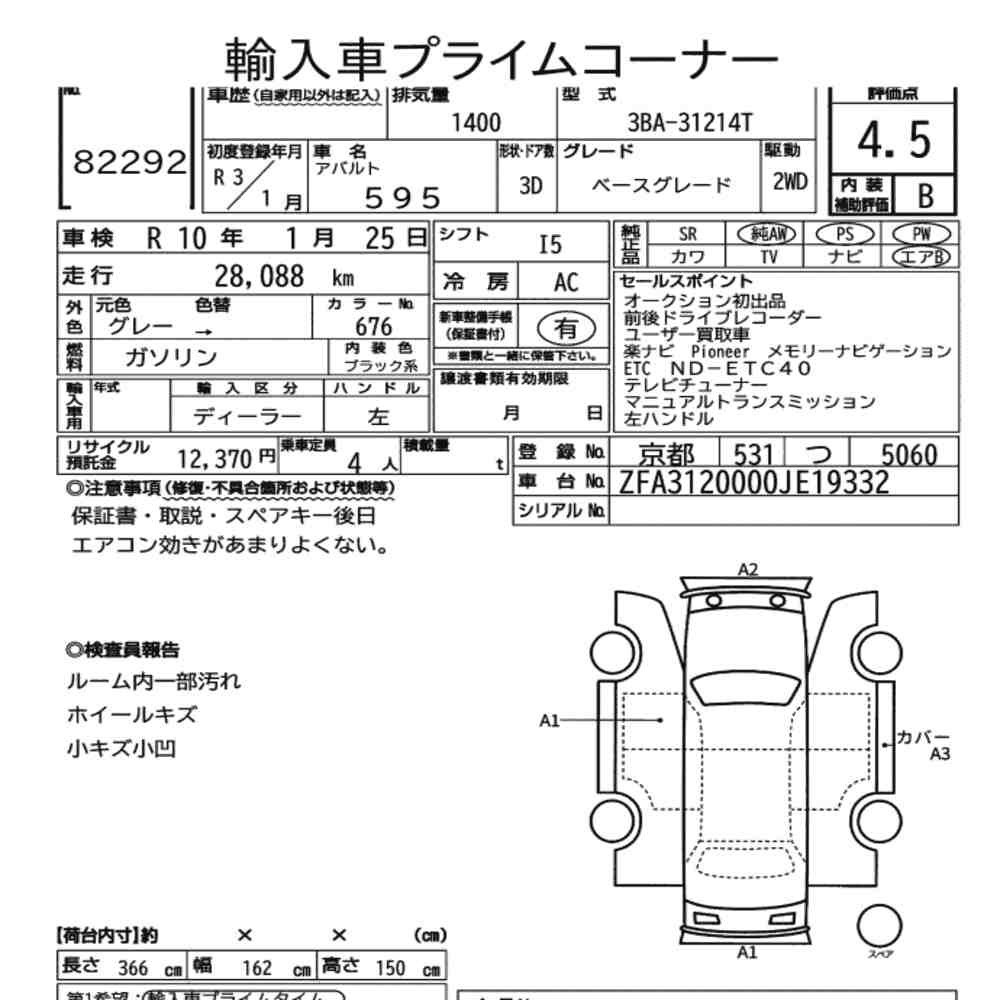 Arkusz aukcyjny — 2021 Abarth 595 Base Grade